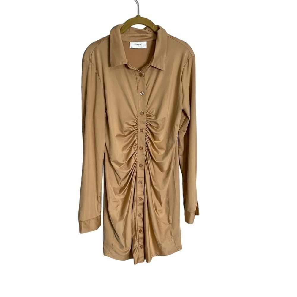 Halfheart Tan Ruched Button Down Slinky Dress Large